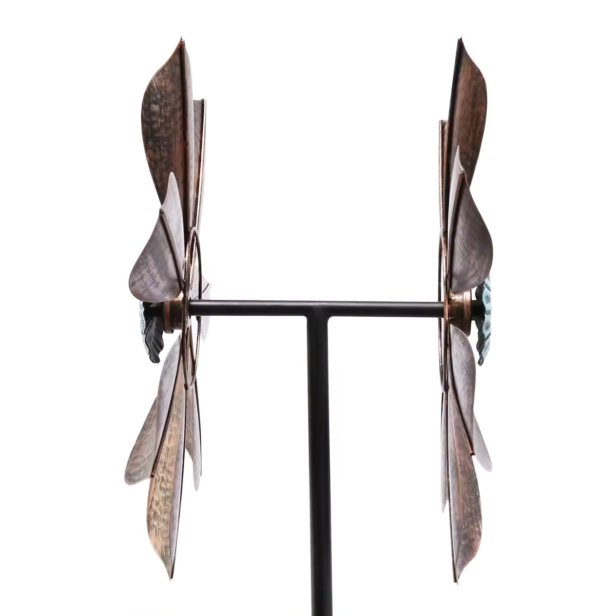 60 inch Metal Wind Spinner with Bronze Leaves and Blue Flower Core C5456