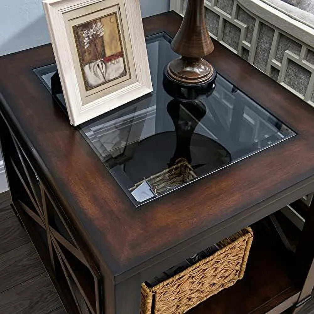 Rustic Brown End Table with Tempered Glass R582