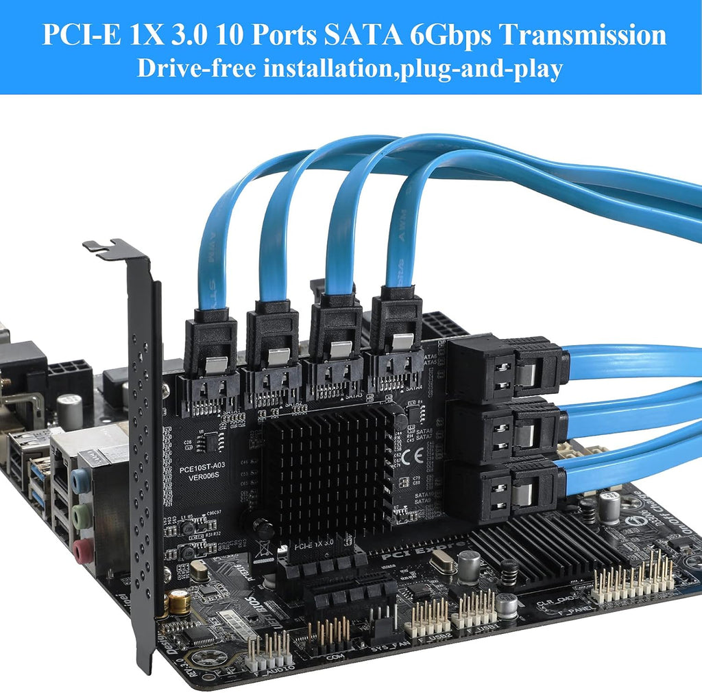 PCIE 1X 10 Ports 6 Gbps SATA 3.0 Expansion Card with Low Profile Bracket and 10 SATA Cables K408