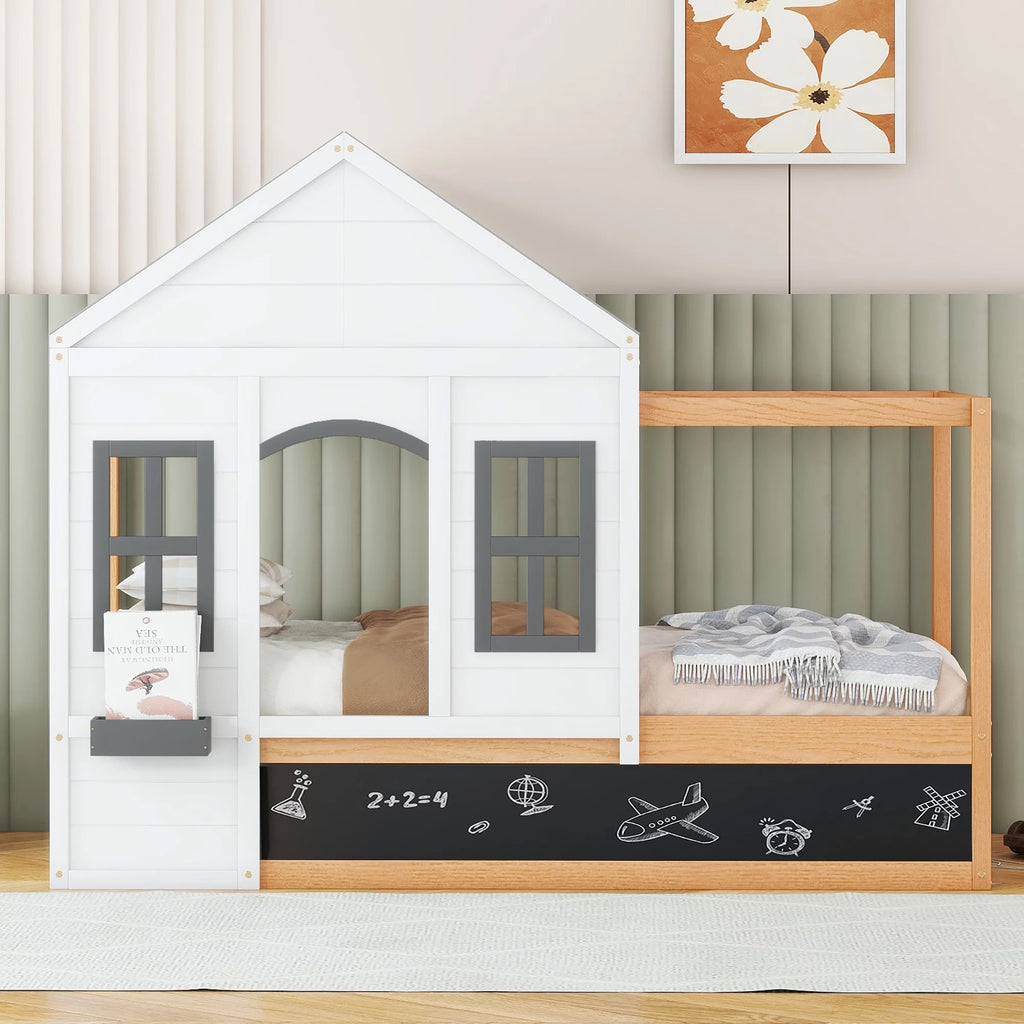 Twin Size House Shaped Canopy Bed with Black Roof and White Window I76958