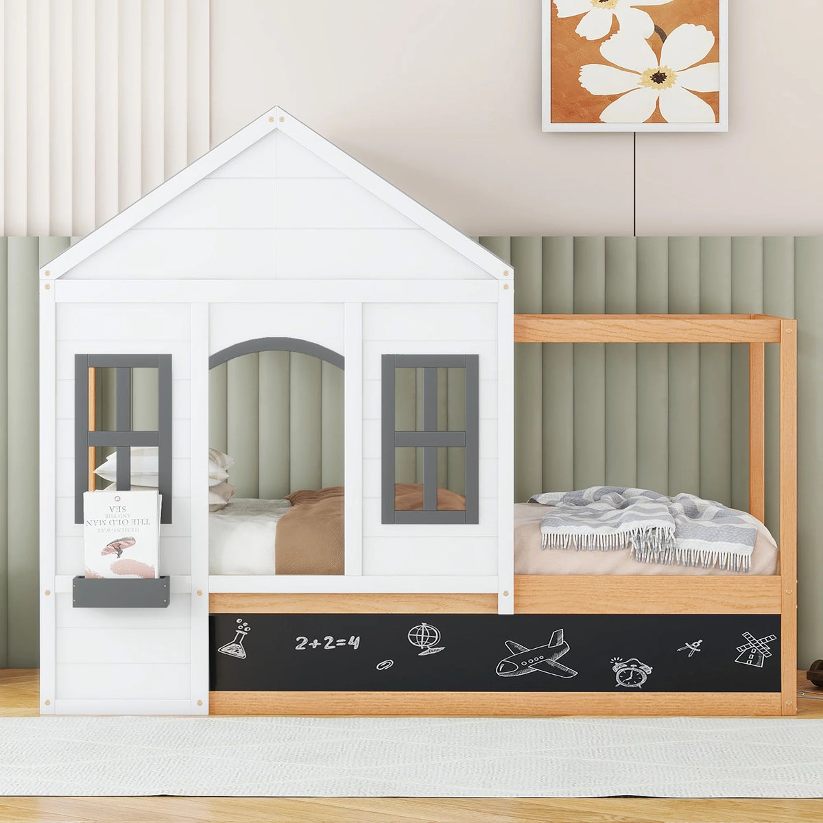 Twin Size House Shaped Canopy Bed with Black Roof and White Window I76958