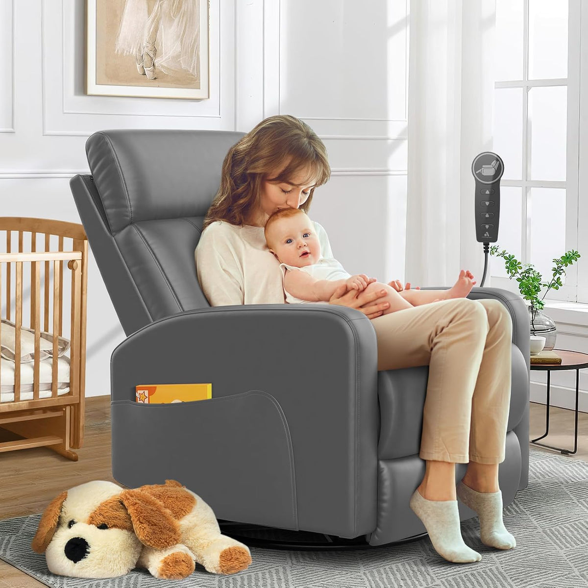 Grey PU Leather Power Recliner Swivel Glider Chair with USB & Type C Ports D2653