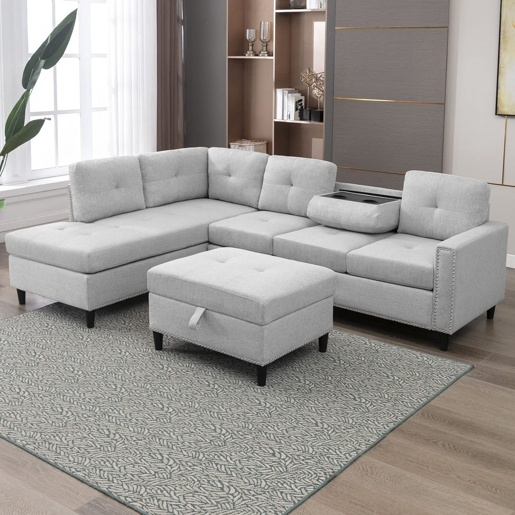 Light Grey L-Shaped Sectional Sofa with 2 Cup Holders and Storage Ottoman P274
