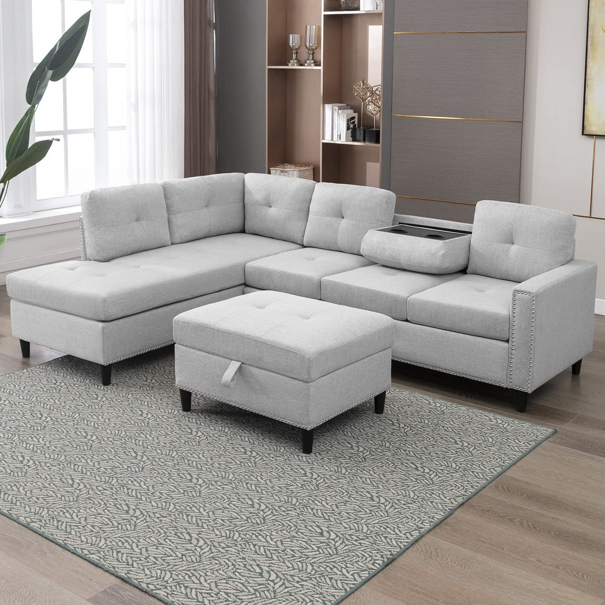 Light Grey L-Shaped Sectional Sofa with 2 Cup Holders and Storage Ottoman P274