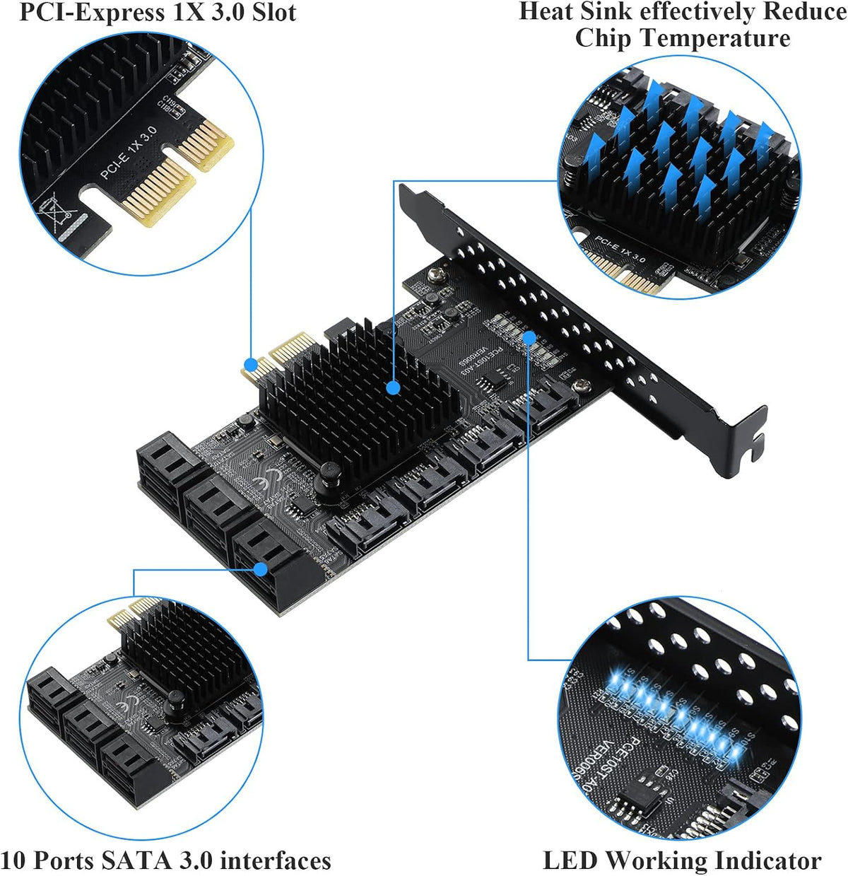 PCIE 1X 10 Ports 6 Gbps SATA 3.0 Expansion Card with Low Profile Bracket and 10 SATA Cables K408