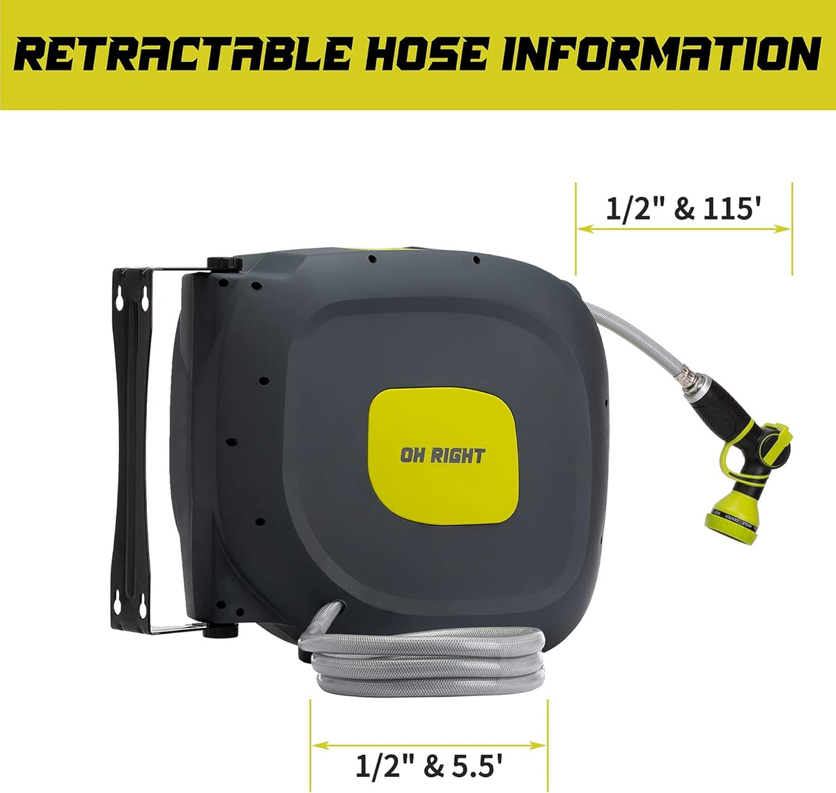 Retractable Garden Hose Reel 1/2" 115'+5' with 180° Swivel Metal Bracket, Wall Mounted Water Hose Reel with 9 Pattern Nozzle K91943