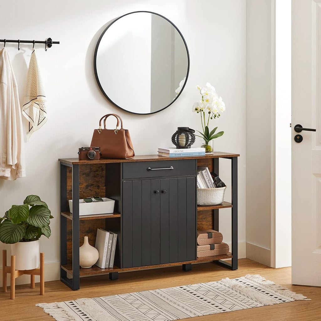 Rustic Brown and Black Steel Frame Buffet Cabinet with Drawer and Shelves A1748