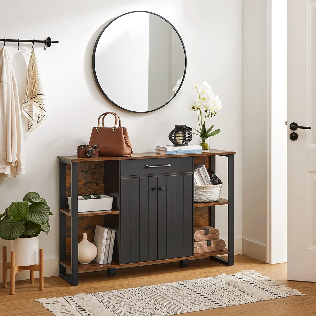 Rustic Brown and Black Steel Frame Buffet Cabinet with Drawer and Shelves A1748