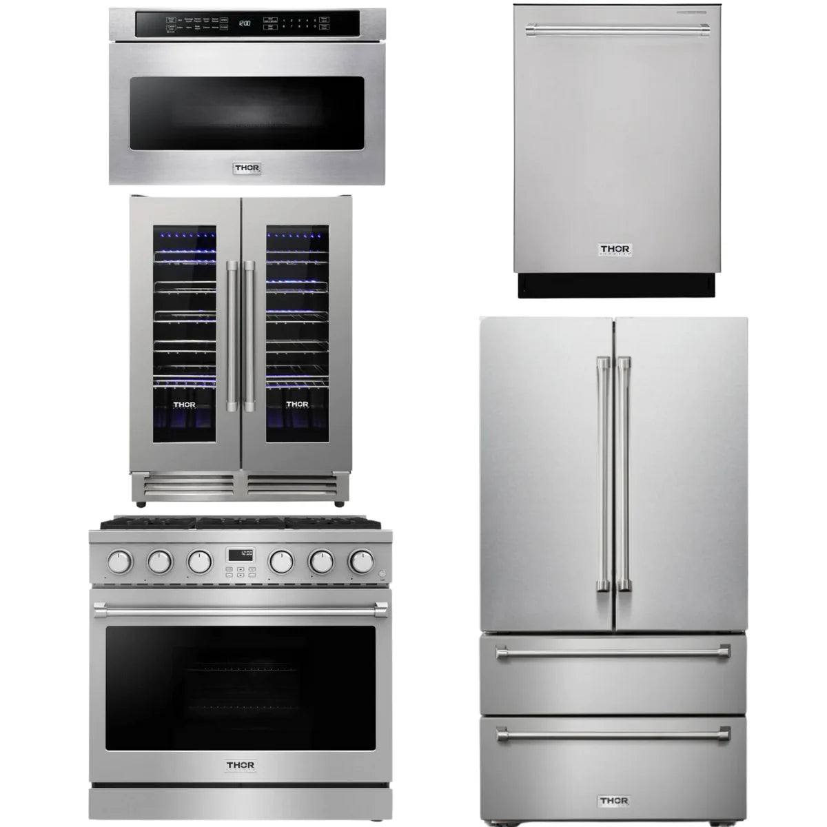 36 Gas Range, Refrigerator, Dishwasher, Microwave and Wine Cooler O8254