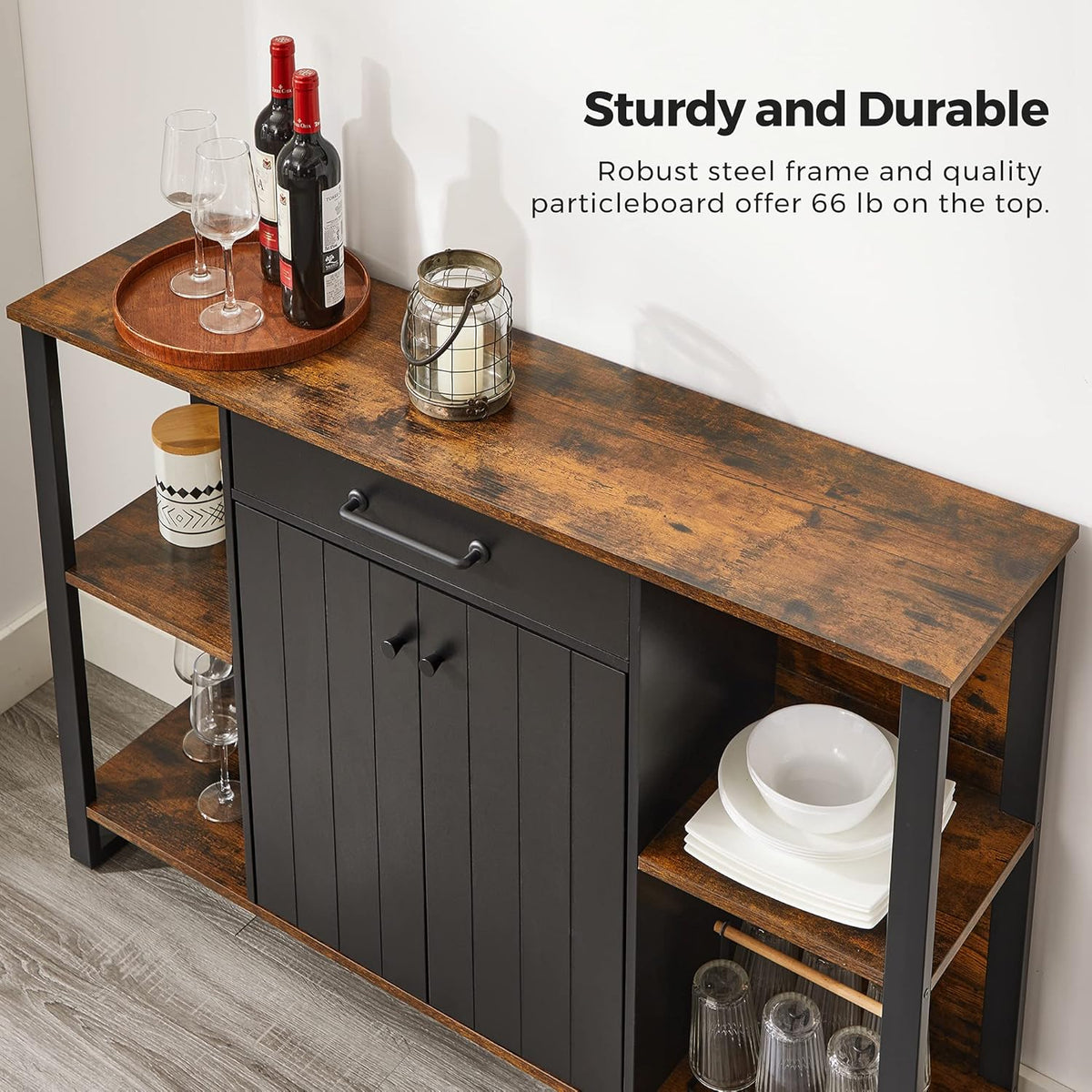 Rustic Brown and Black Steel Frame Buffet Cabinet with Drawer and Shelves A1748