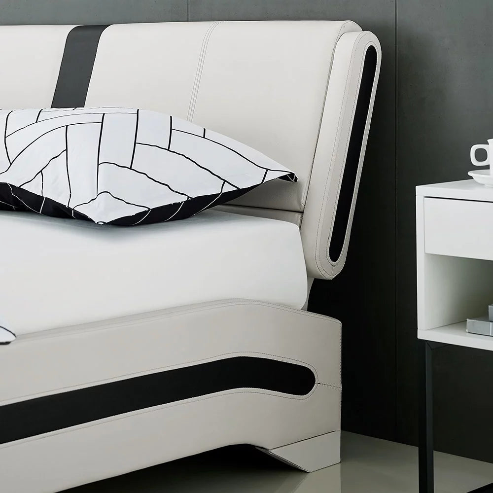 Queen White Platform Bedroom Set with Striped Headboard W96563