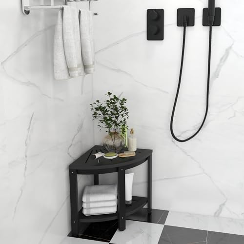 Black Poly Lumber Corner Shower Bench with Storage Shelf T722