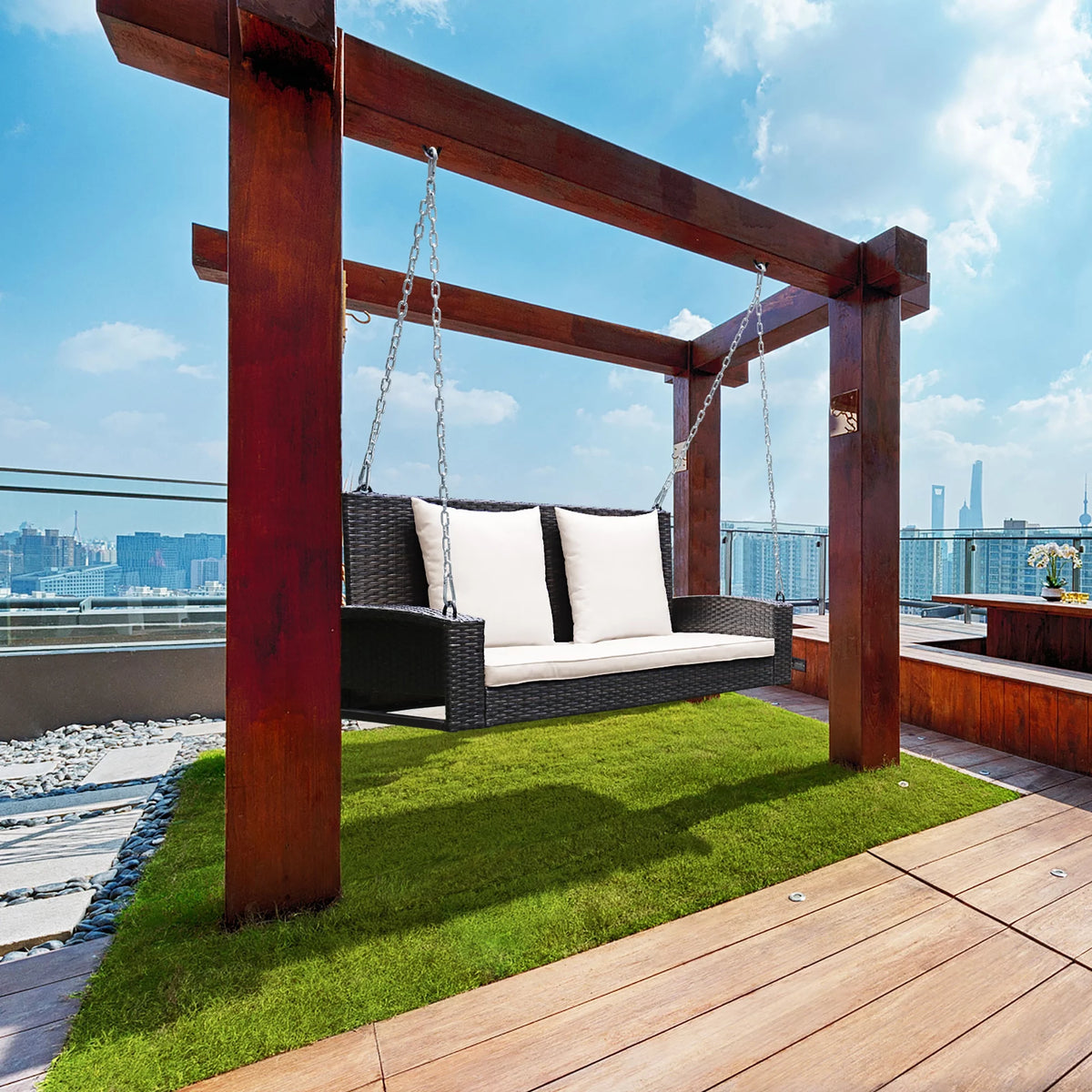 2-Person Rattan Hanging Porch Swing Bench J9691