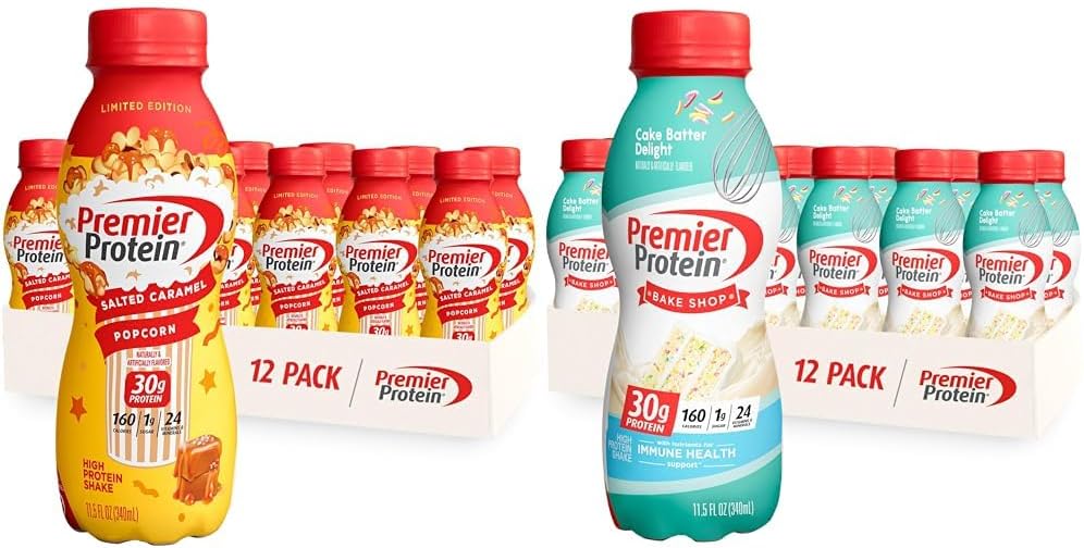 12 Pack Premier Protein Shake Salted Caramel Popcorn and Cake Batter 30g Protein 1g Sugar C58321