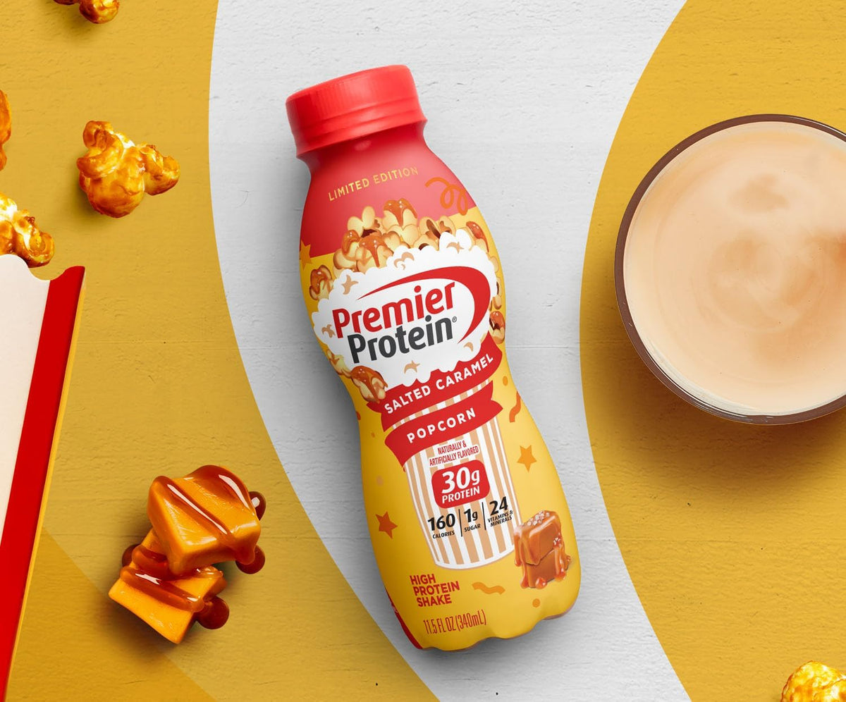 12 Pack Premier Protein Shake Salted Caramel Popcorn and Cake Batter 30g Protein 1g Sugar C58321