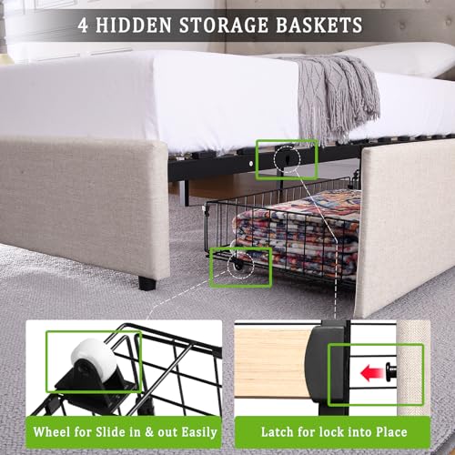 Full Size Upholstered Platform Bed with Button Tufted Storage Headboard and 4 Storage Drawers S64261
