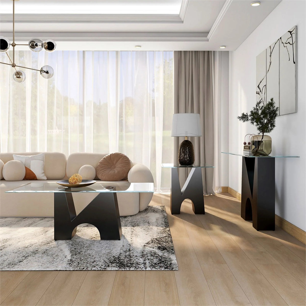 Metal and Glass Top 3-Piece Coffee Table Set in Black V401948