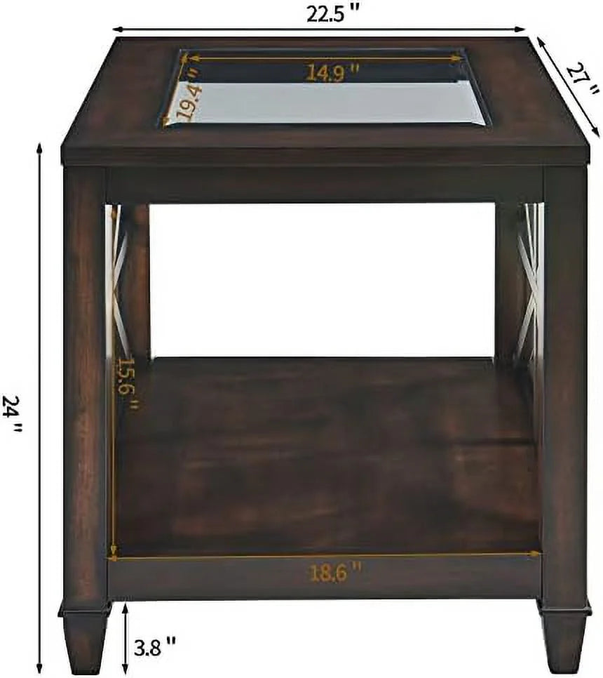 Rustic Brown End Table with Tempered Glass R582
