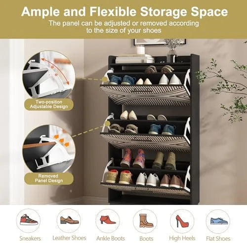 White Slim Shoe Cabinet with 3 Flip Drawers H82595