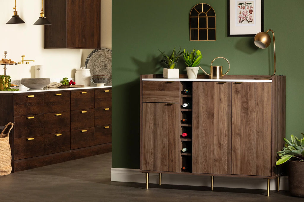 Natural Walnut and Faux Carrara Marble Buffet with Storage Y96993