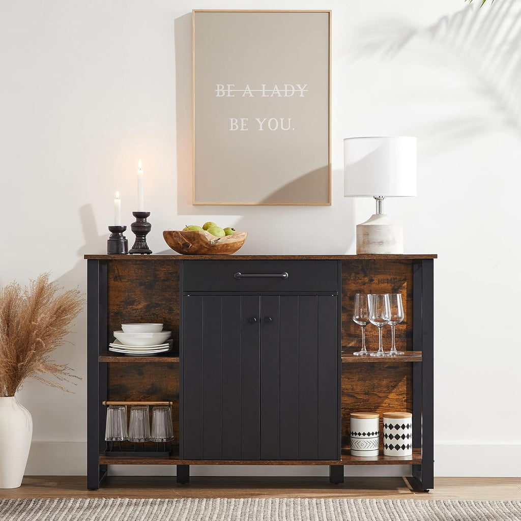 Rustic Brown and Black Steel Frame Buffet Cabinet with Drawer and Shelves A1748