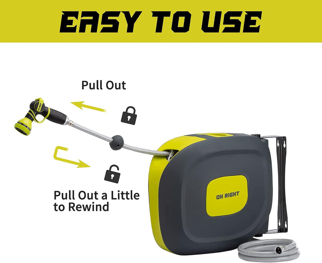 Retractable Garden Hose Reel 1/2" 115'+5' with 180° Swivel Metal Bracket, Wall Mounted Water Hose Reel with 9 Pattern Nozzle K91943