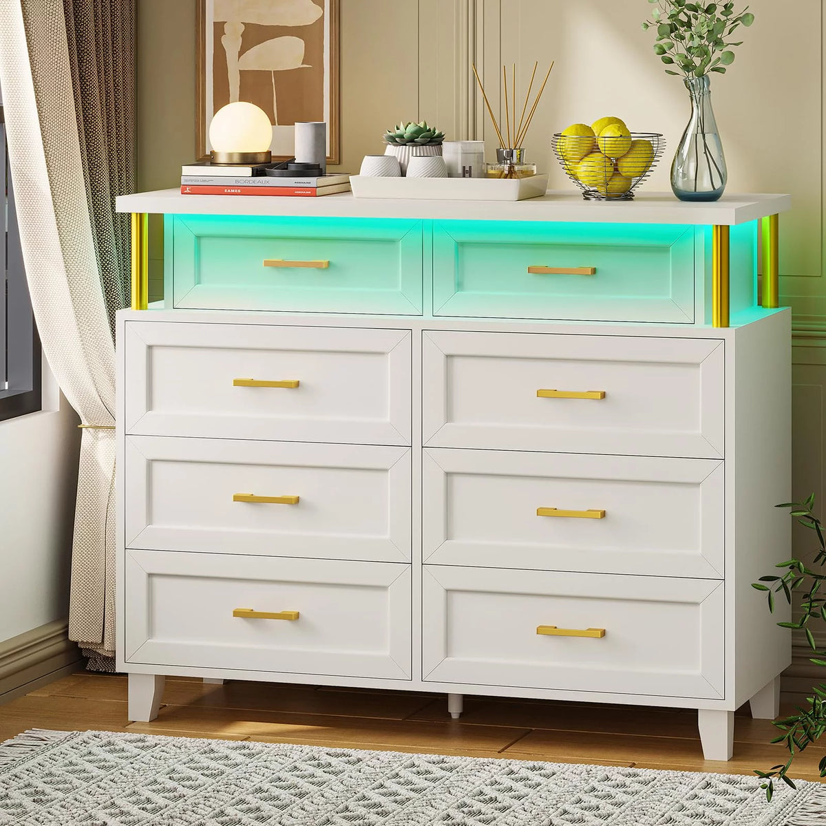 White 8 Drawer Dresser with LED Light A257