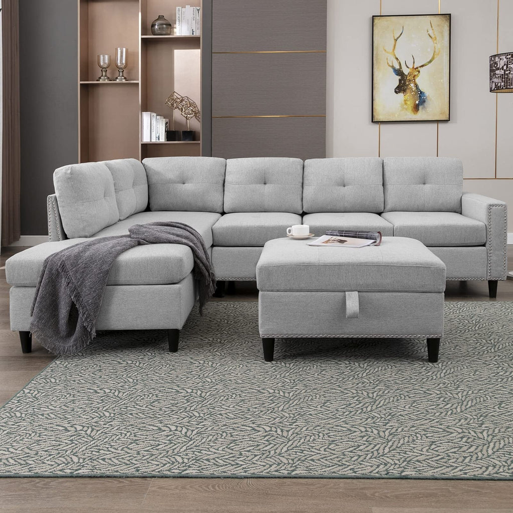 Light Grey L-Shaped Sectional Sofa with 2 Cup Holders and Storage Ottoman P274