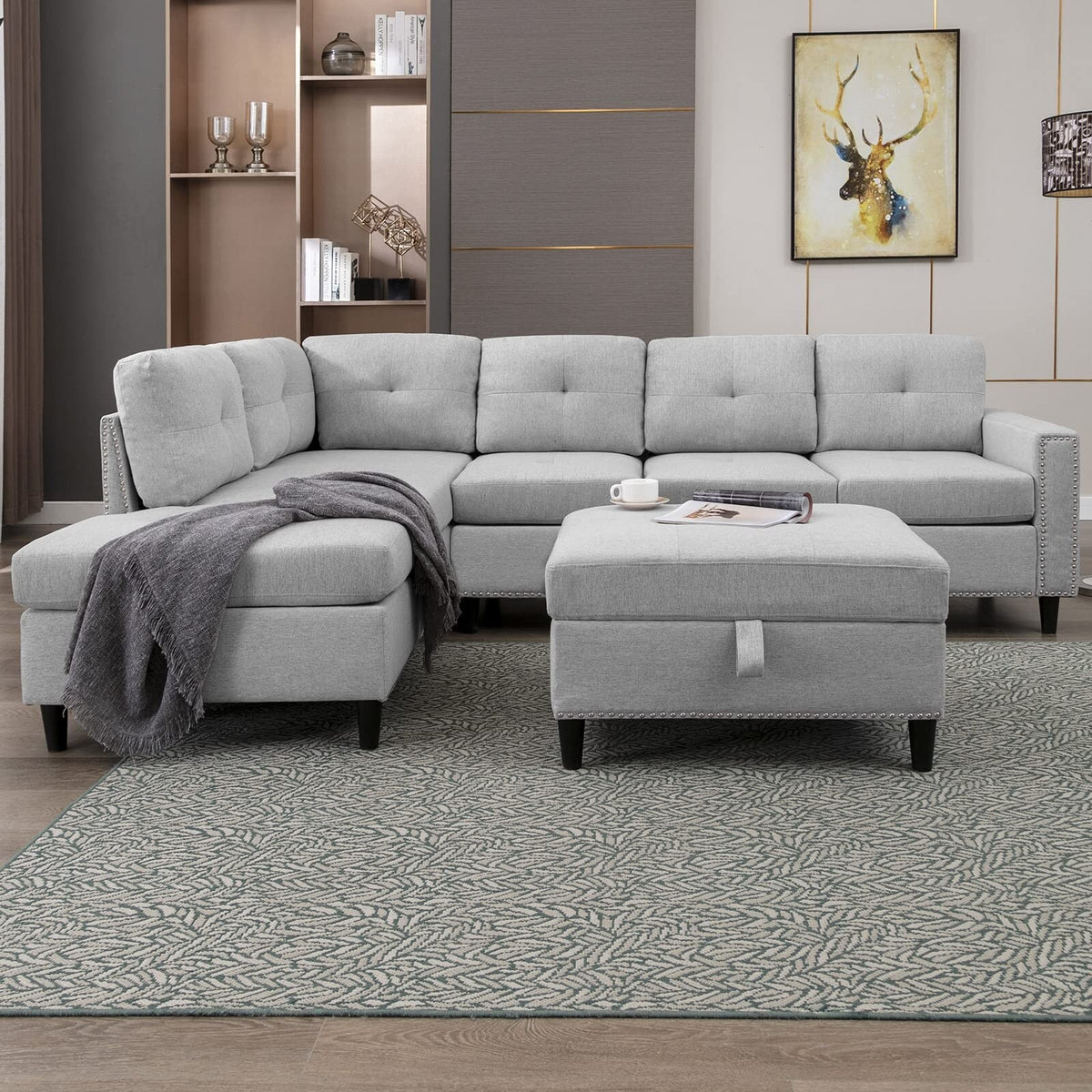Light Grey L-Shaped Sectional Sofa with 2 Cup Holders and Storage Ottoman P274