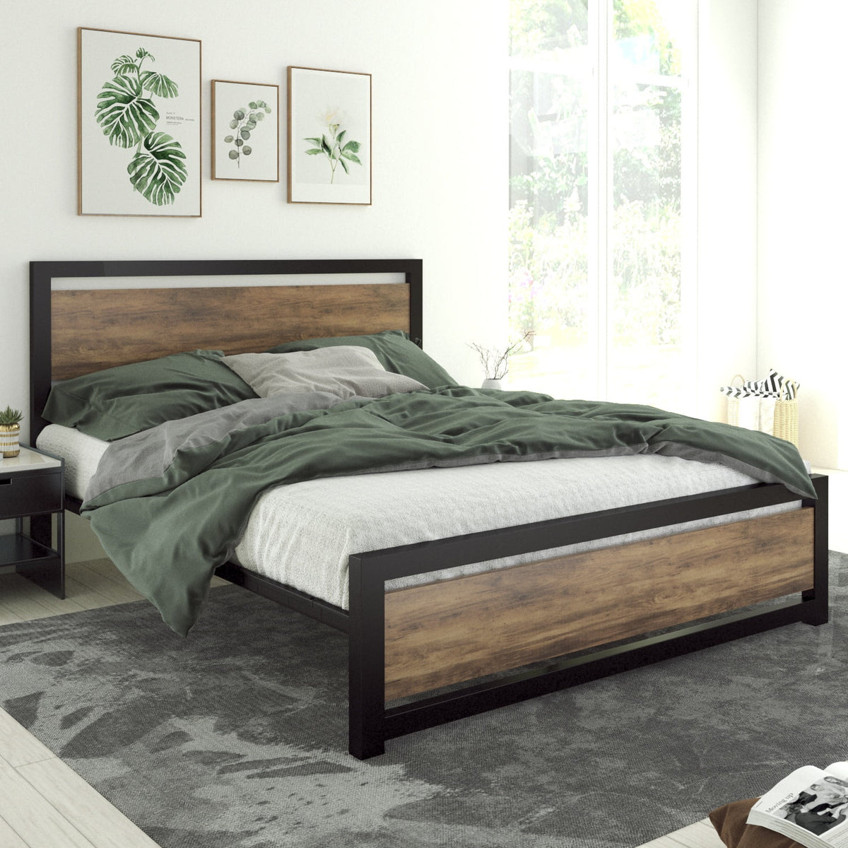 Queen Size Metal Platform Bed Frame with Wooden Headboard Footboard H7338