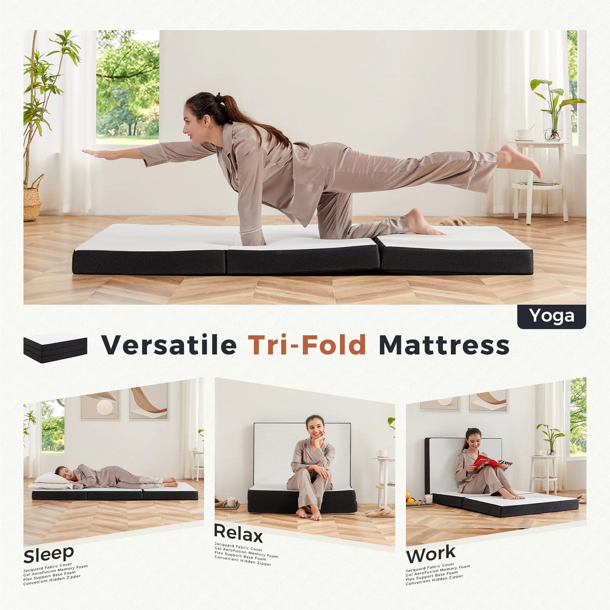 4 inch Tri-fold Memory Foam Mattress Topper, Twin Size, White Q1405