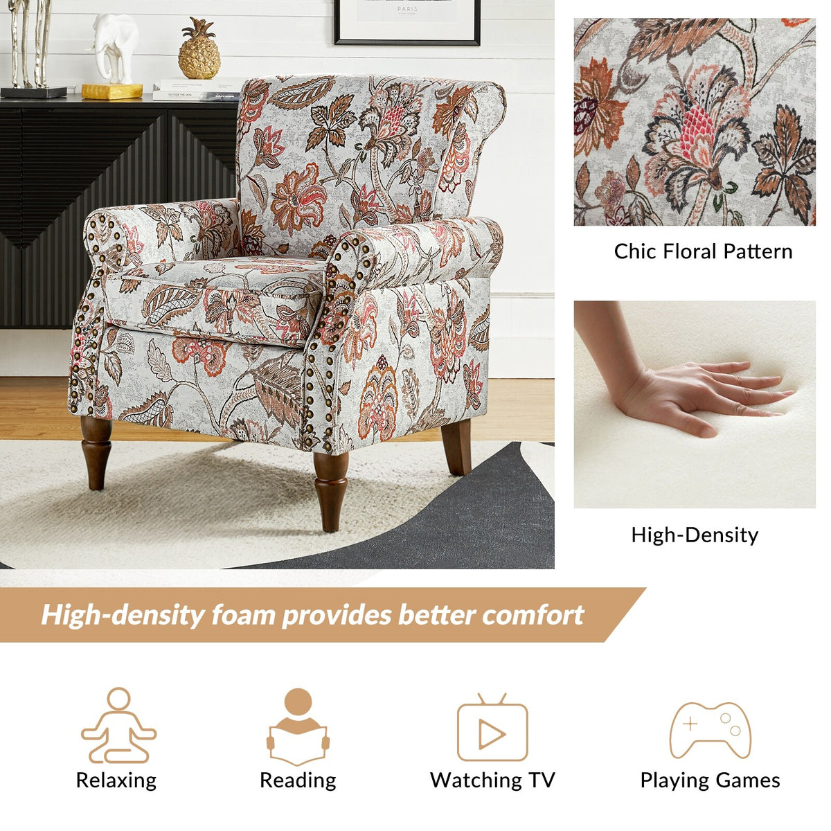 Pink Floral Upholstered Accent Armchair Set of 2 Q526