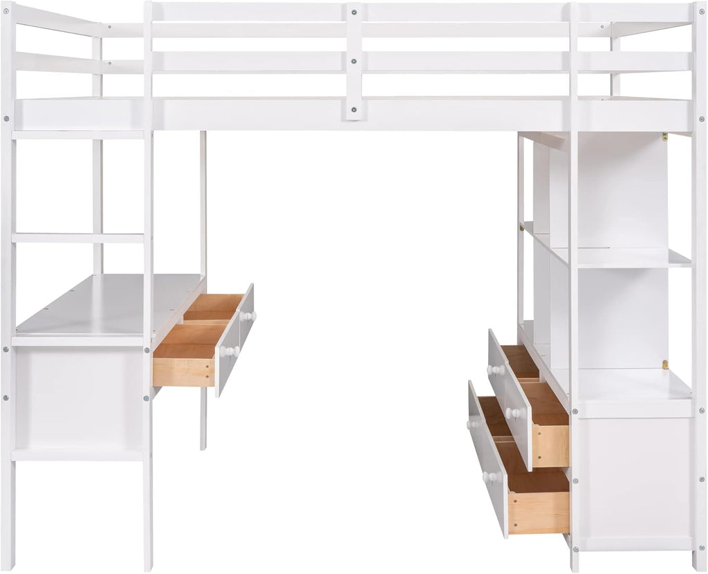 White Full Size Loft Bed with Built-in Desk, 2 Drawers and Storage Shelves I18838