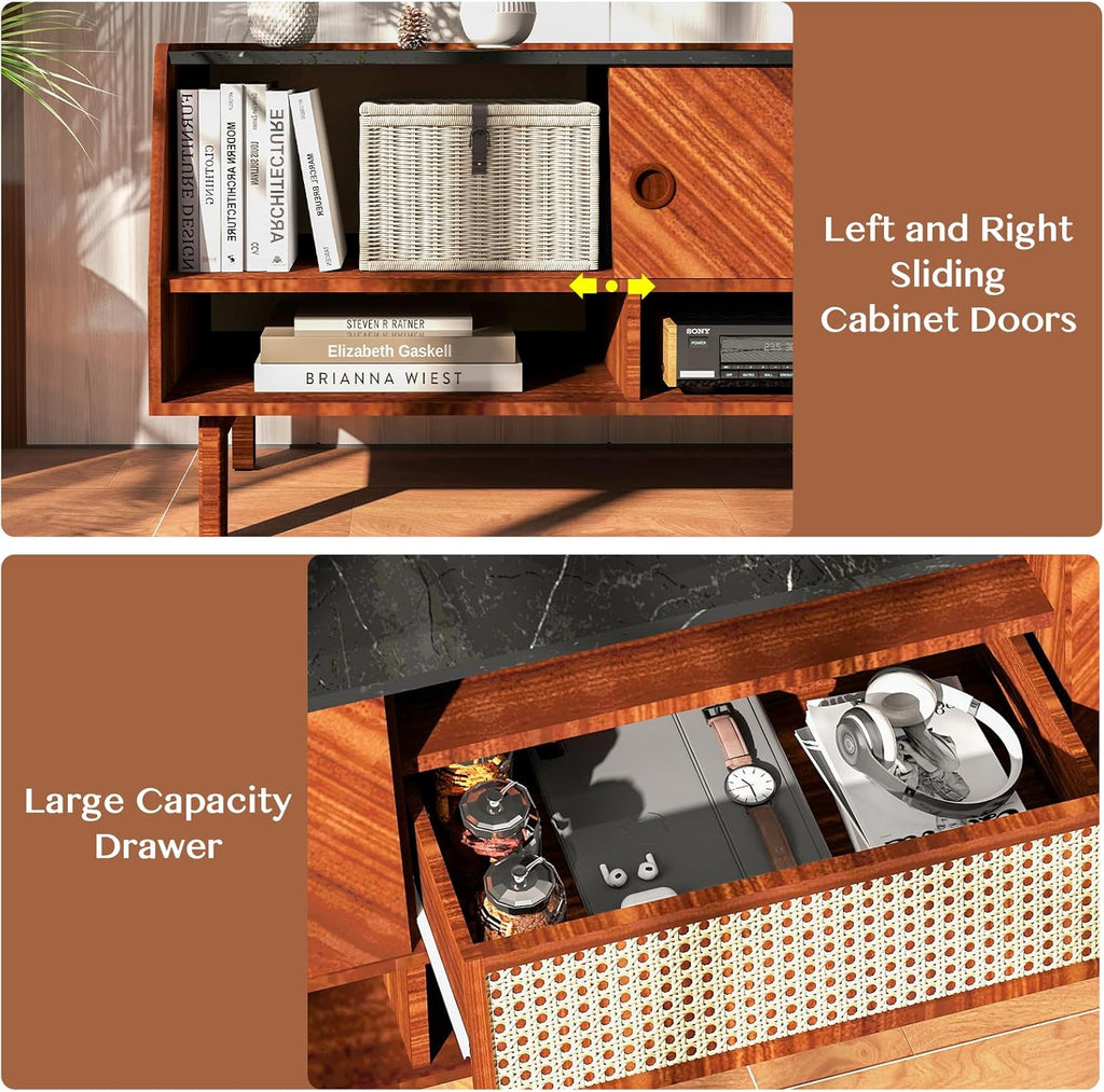 Walnut 67 inch TV Stand with Rattan Drawer O783295