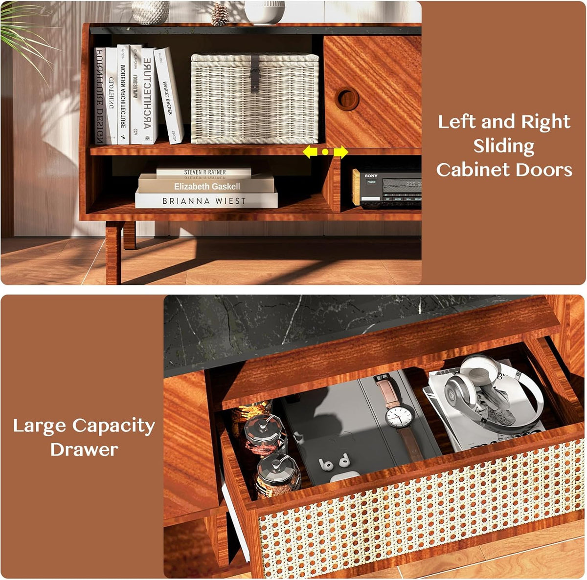 Walnut 67 inch TV Stand with Rattan Drawer O783295