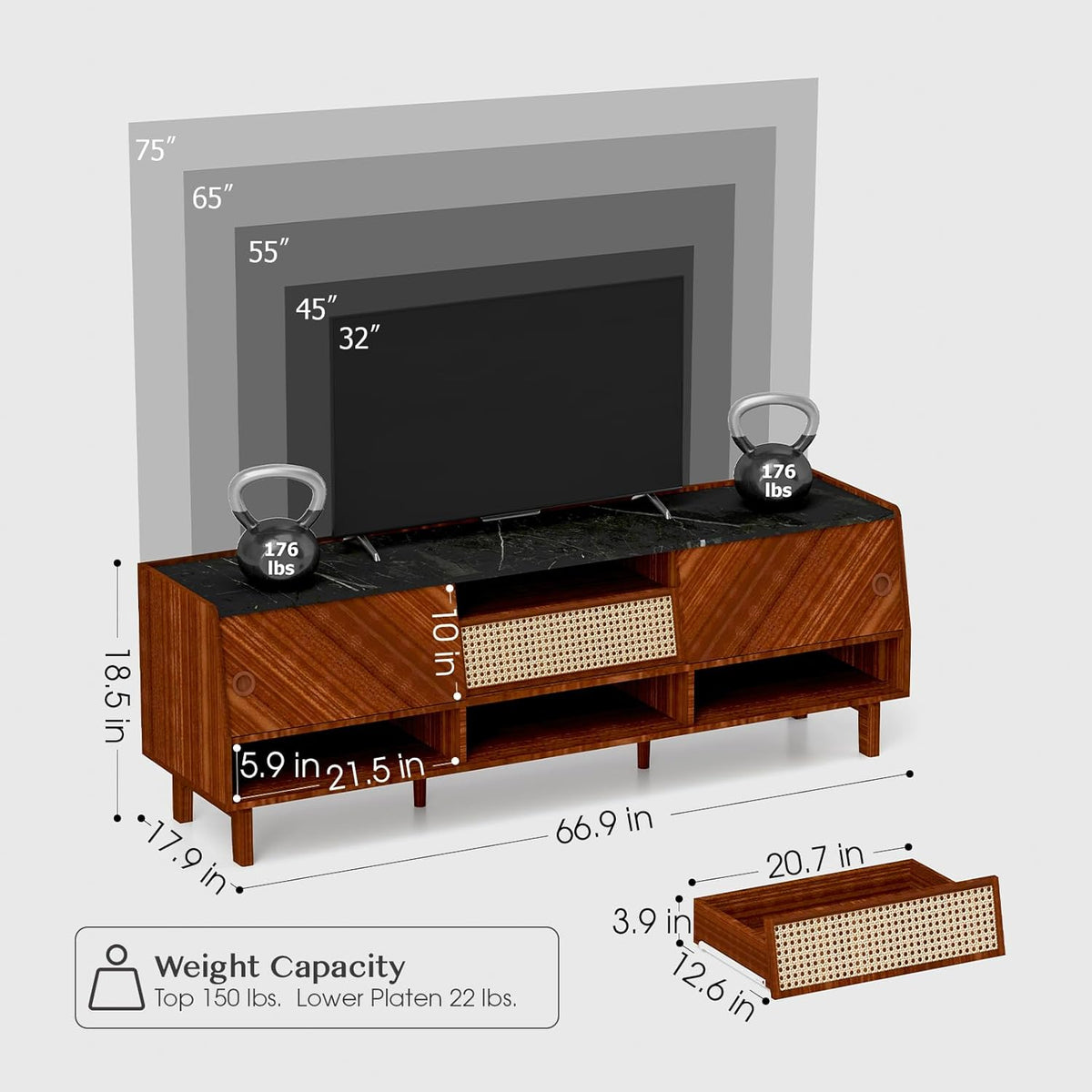 Walnut 67 inch TV Stand with Rattan Drawer O783295