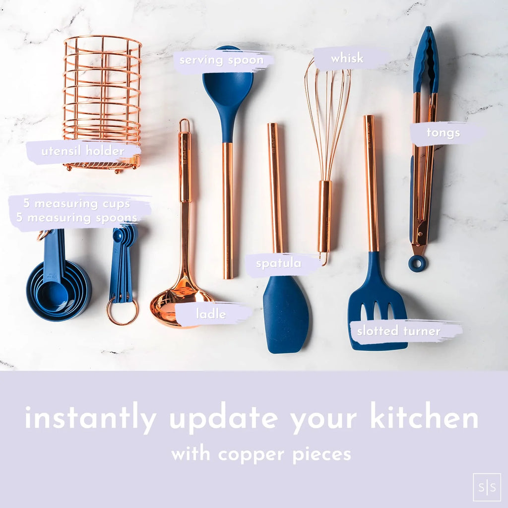 17 Pc Copper and Blue Silicone Kitchen Utensils Set I9528