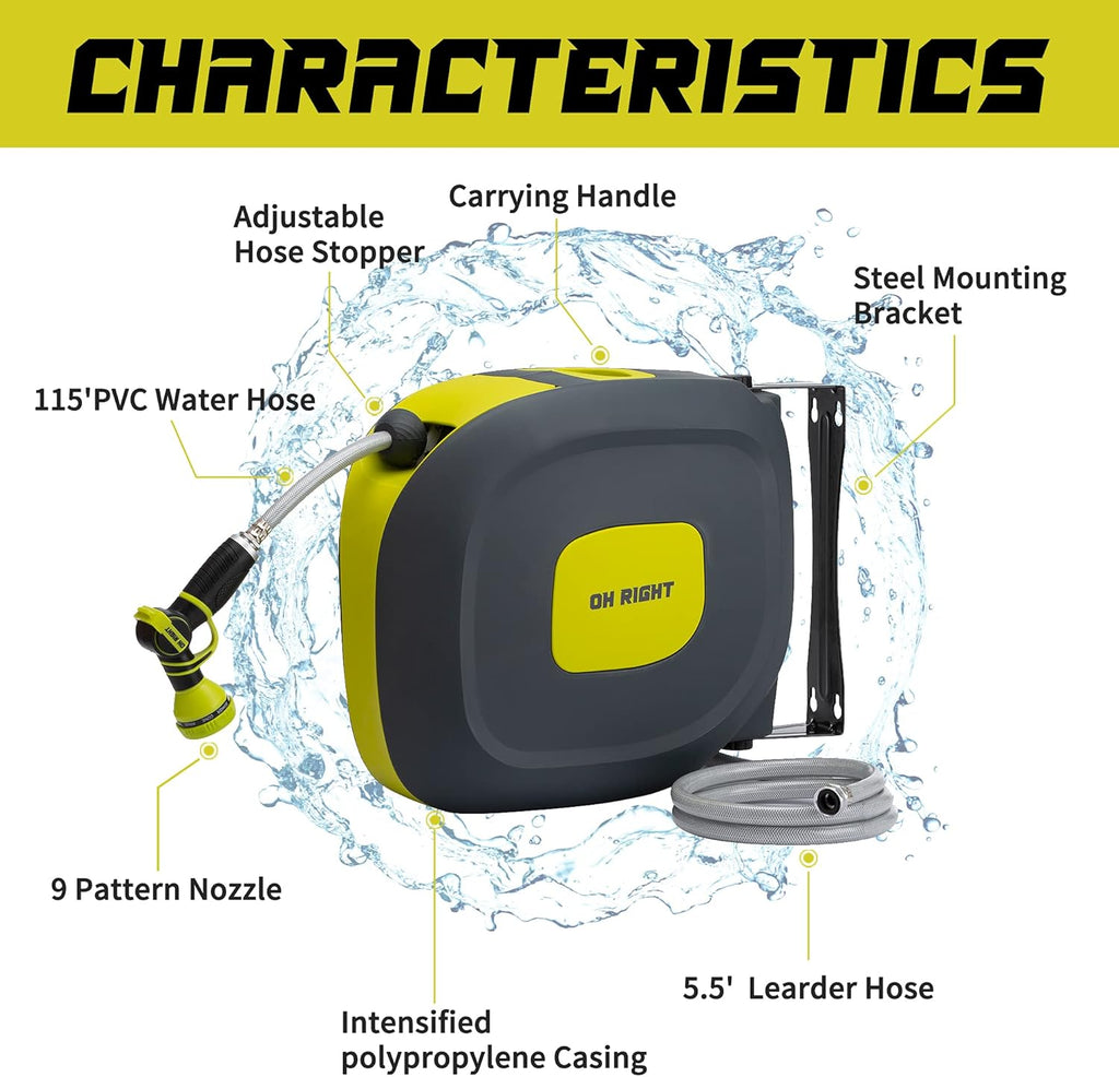 Retractable Garden Hose Reel 1/2" 115'+5' with 180° Swivel Metal Bracket, Wall Mounted Water Hose Reel with 9 Pattern Nozzle K91943