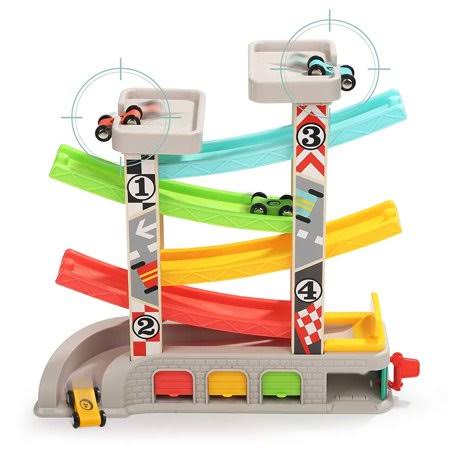 Wooden Race Track Car Ramp Toy with 4 Wooden Cars X34223