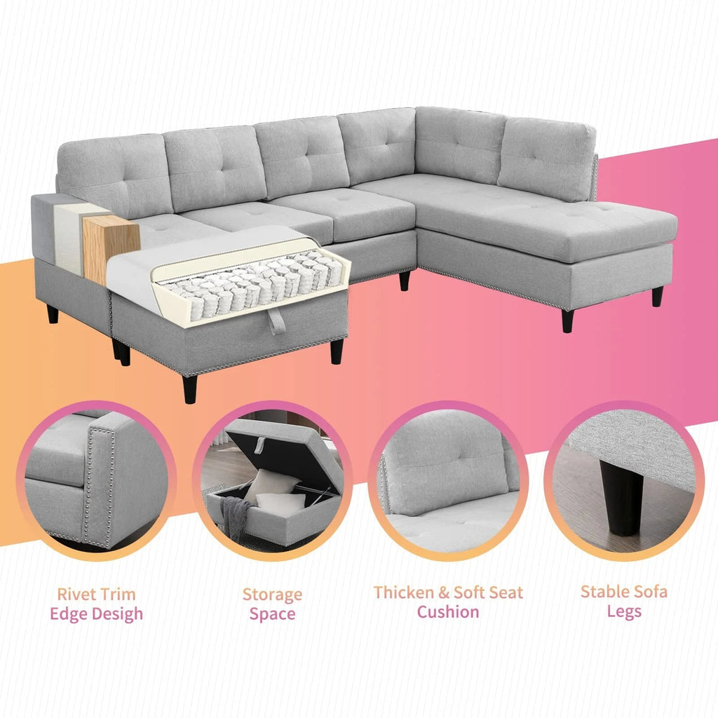 Light Grey L-Shaped Sectional Sofa with 2 Cup Holders and Storage Ottoman P274
