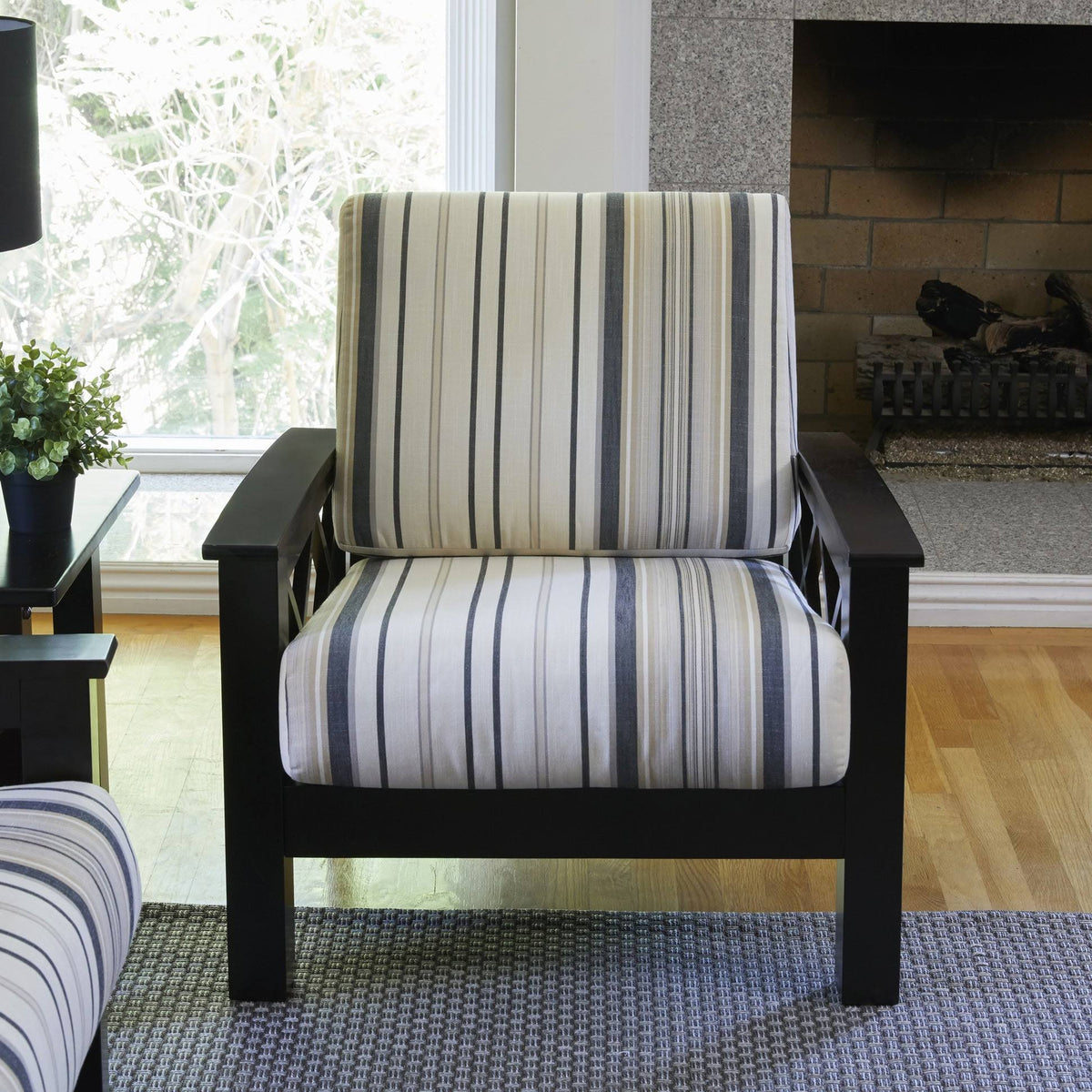 Brown Black Stripe Arm Chair with Exposed Wood Frame X893