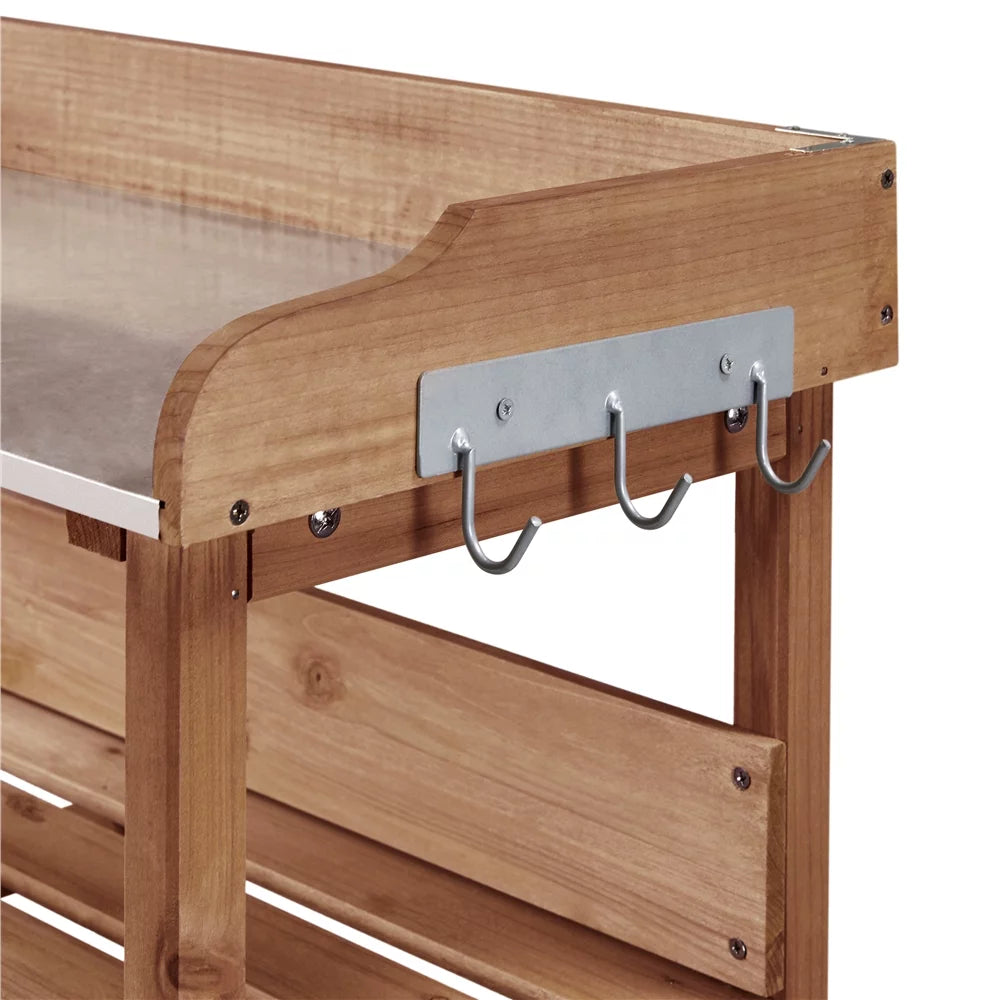 Brown Outdoor Potting Bench Table with Storage Shelf U472046