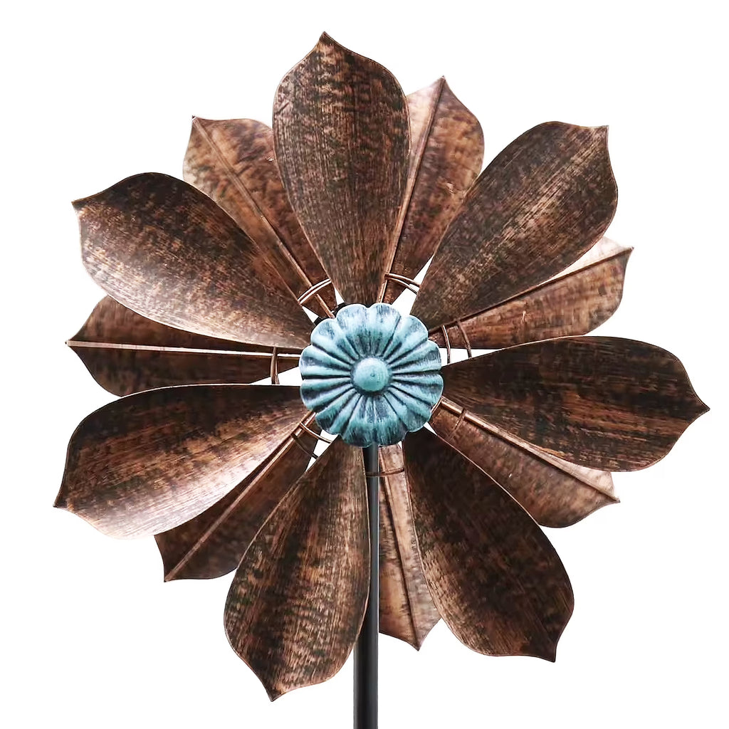 60 inch Metal Wind Spinner with Bronze Leaves and Blue Flower Core C5456