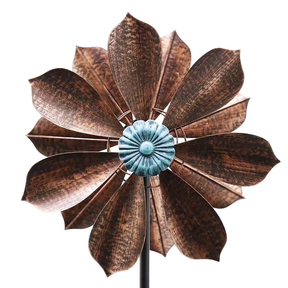60 inch Metal Wind Spinner with Bronze Leaves and Blue Flower Core C5456