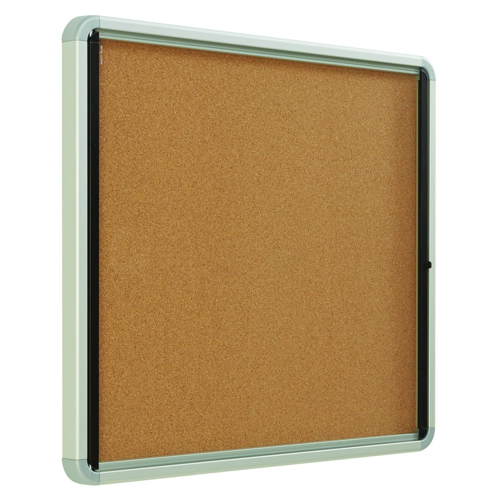 Enclosed Cork Bulletin Board with Swing Door, 30 x 27, Silver Aluminum Frame O406