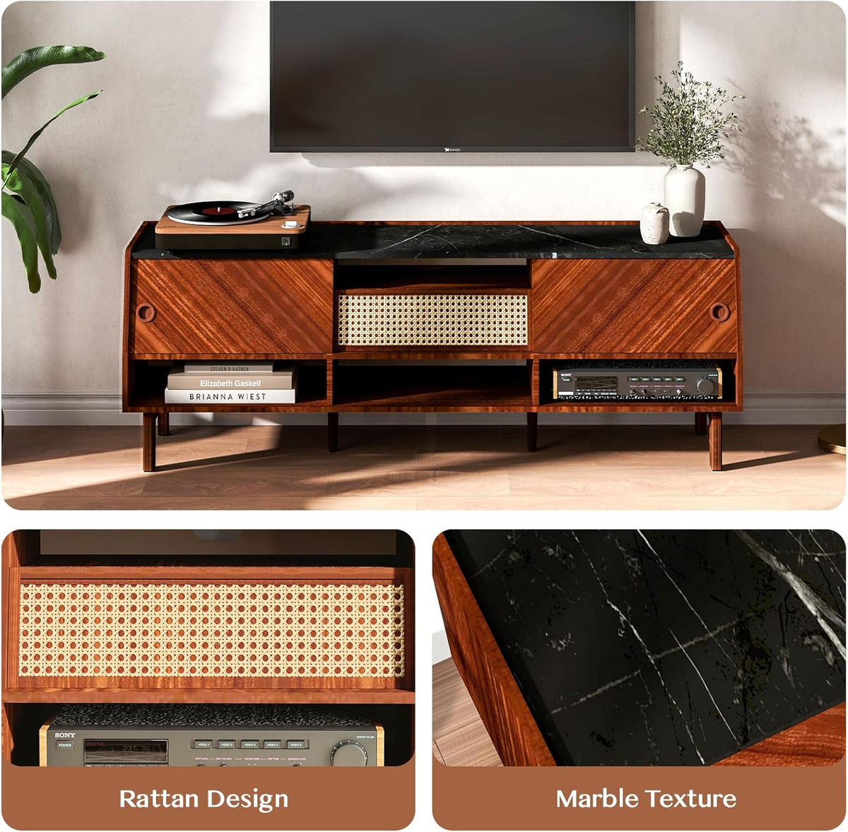 Walnut 67 inch TV Stand with Rattan Drawer O783295