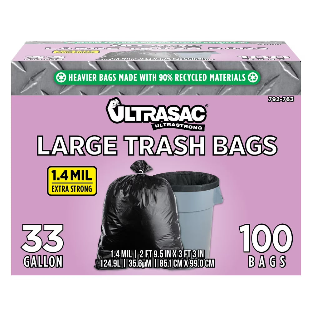 33 Gallon Heavy Duty Black Plastic Trash Bags with Ties 100 Pack V104549