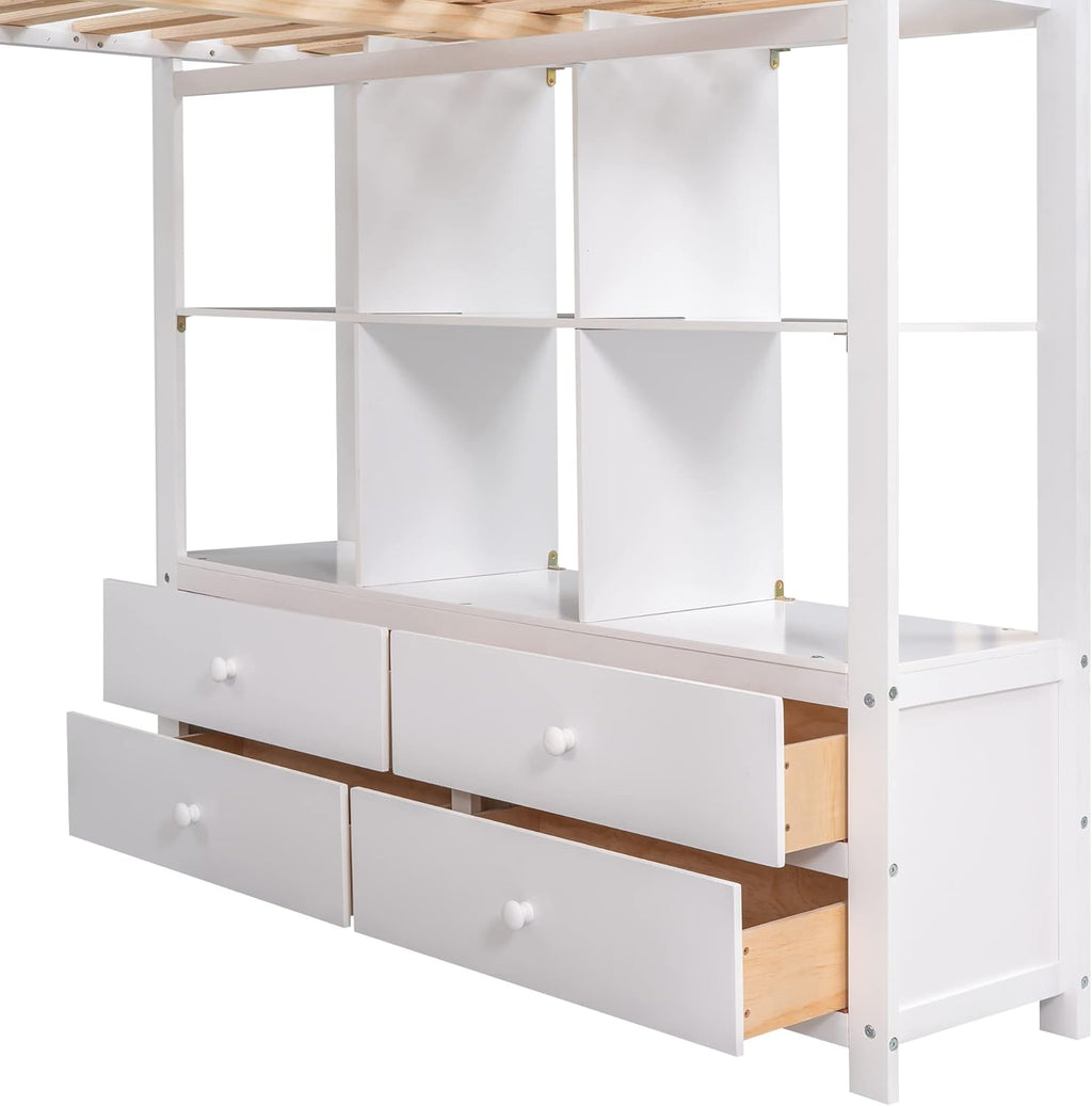 White Full Size Loft Bed with Built-in Desk, 2 Drawers and Storage Shelves I18838