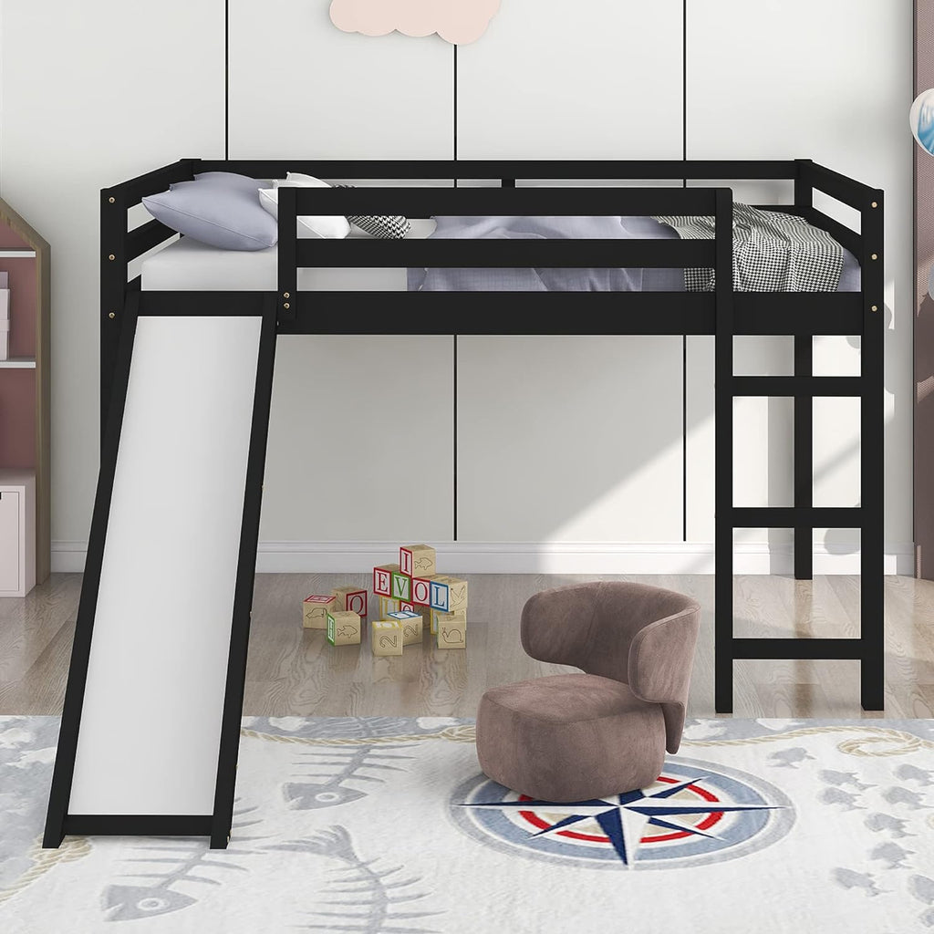 Solid Wood Full Size Low Loft Bed with Slide C6538