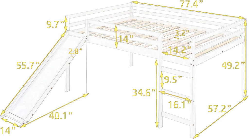 Solid Wood Full Size Low Loft Bed with Slide C6538